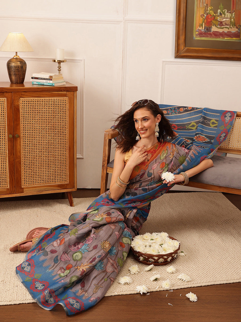Hiral Fashion Grey Banarasi Silk Cotton Floral Digital Print Saree | Grocsy