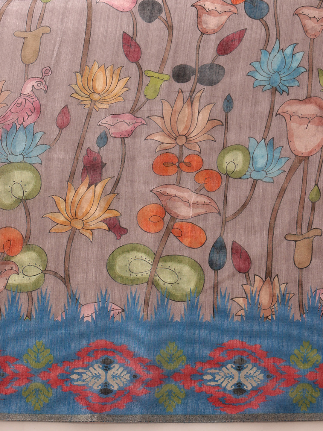 Hiral Fashion Grey Banarasi Silk Cotton Floral Digital Print Saree | Grocsy