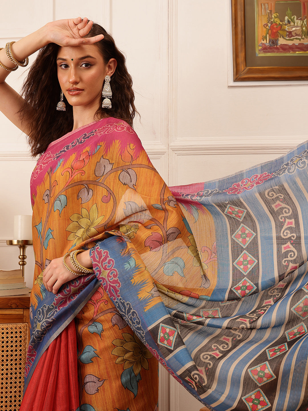 Hiral Fashion Mustard Banarasi Silk Cotton Floral Digital Print Saree | Grocsy