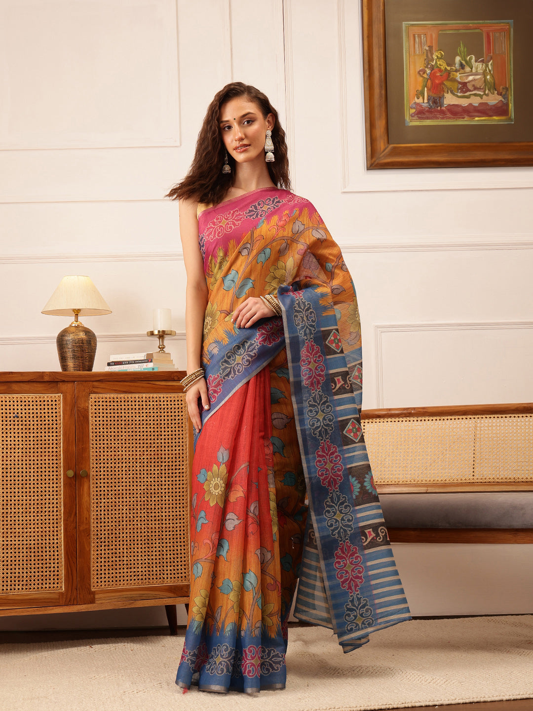 Hiral Fashion Mustard Banarasi Silk Cotton Floral Digital Print Saree | Grocsy
