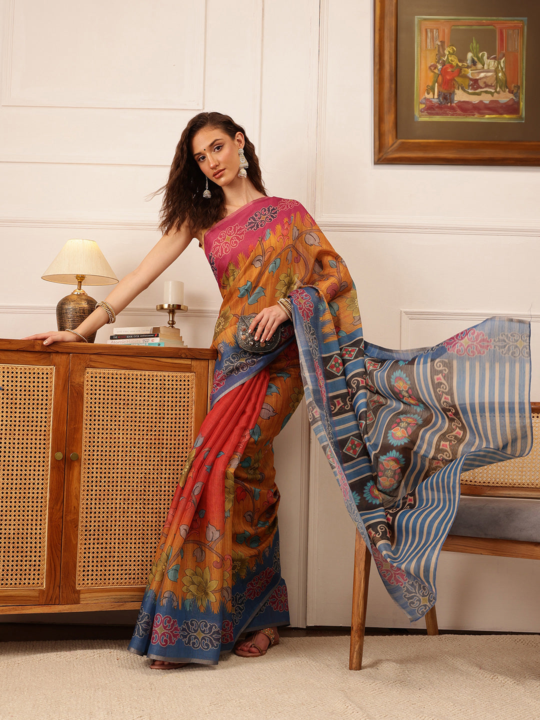 Hiral Fashion Mustard Banarasi Silk Cotton Floral Digital Print Saree | Grocsy