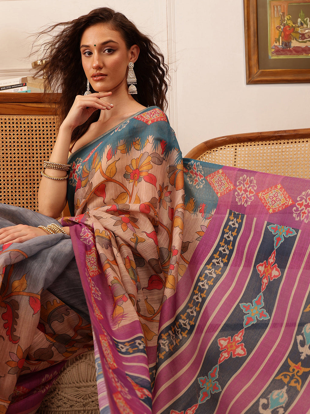 Hiral Fashion Purple Banarasi Silk Cotton Floral Digital Print Saree | Grocsy