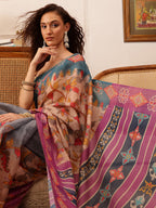 Hiral Fashion Purple Banarasi Silk Cotton Floral Digital Print Saree | Grocsy