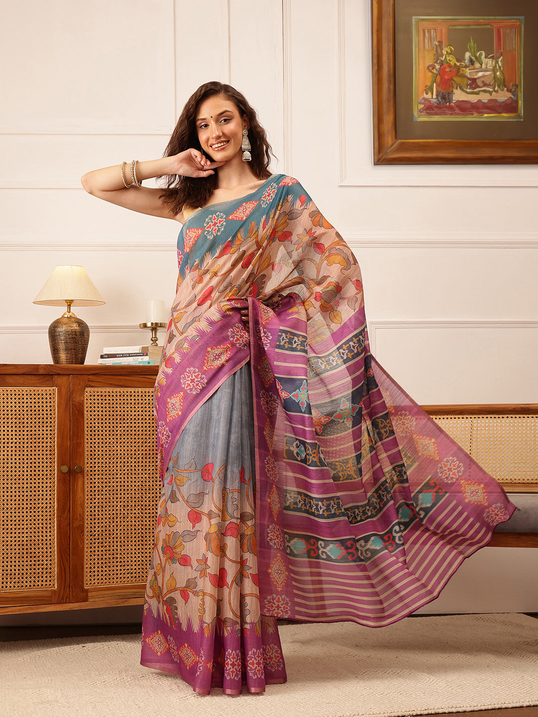 Hiral Fashion Purple Banarasi Silk Cotton Floral Digital Print Saree | Grocsy