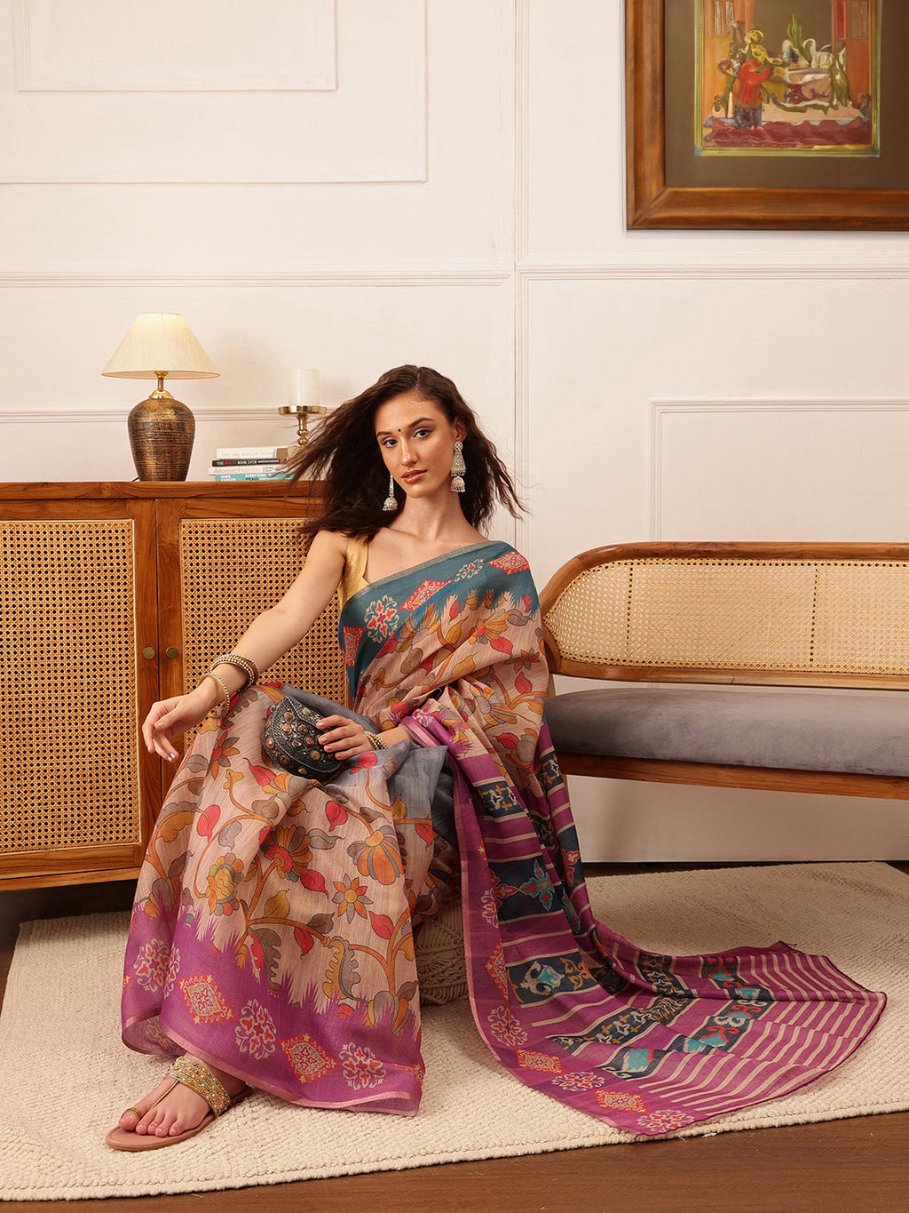 Hiral Fashion Purple Banarasi Silk Cotton Floral Digital Print Saree | Grocsy