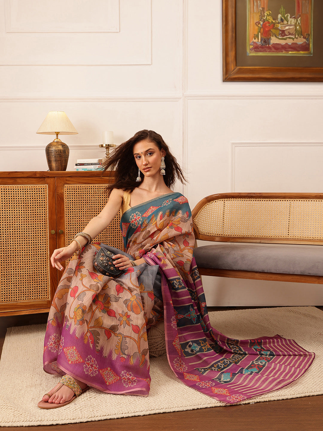 Hiral Fashion Purple Banarasi Silk Cotton Floral Digital Print Saree | Grocsy