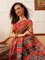 Hiral Fashion Red Banarasi Silk Cotton Floral Digital Print Saree | Grocsy