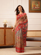 Hiral Fashion Red Banarasi Silk Cotton Floral Digital Print Saree | Grocsy
