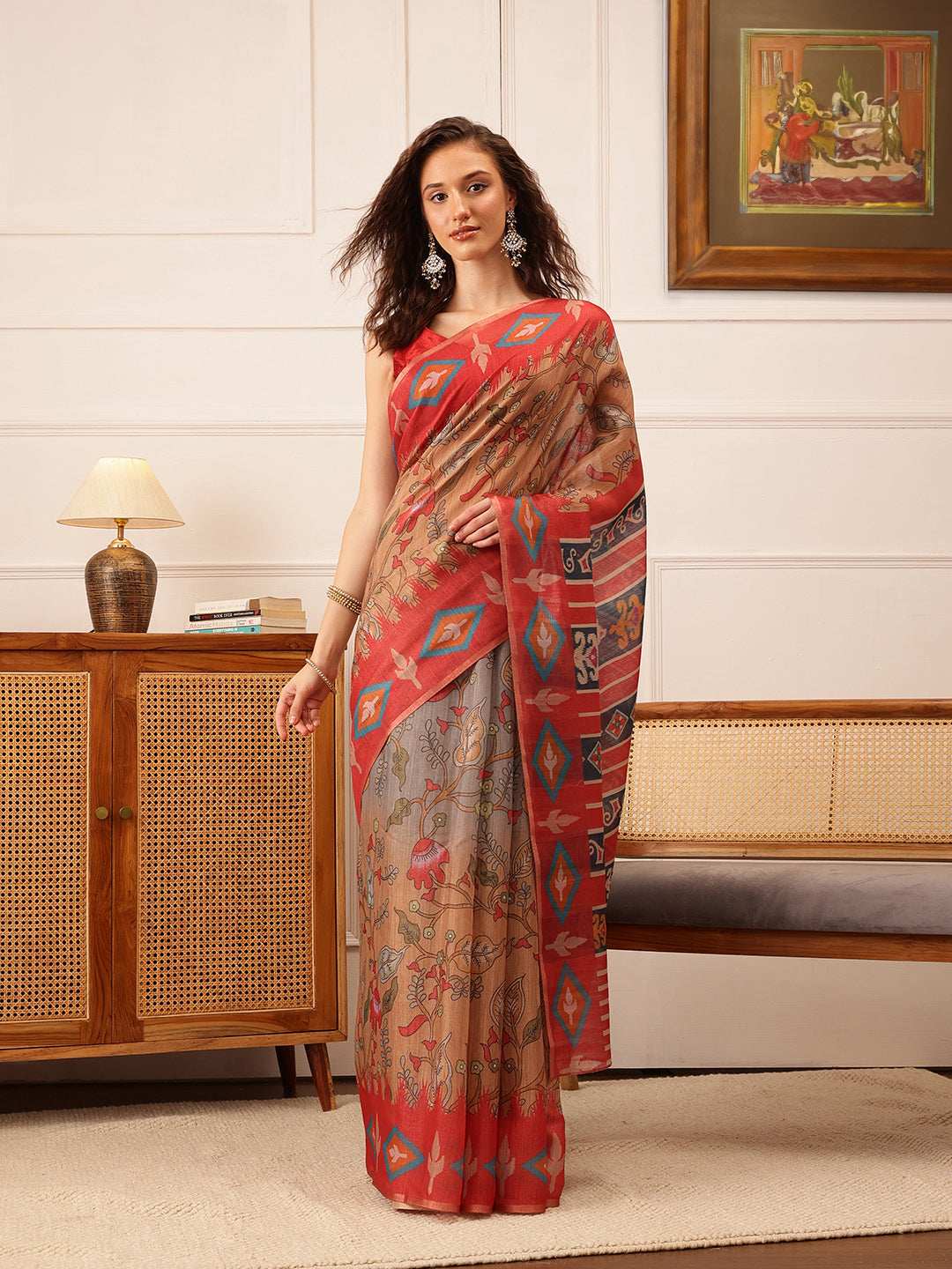 Hiral Fashion Red Banarasi Silk Cotton Floral Digital Print Saree | Grocsy