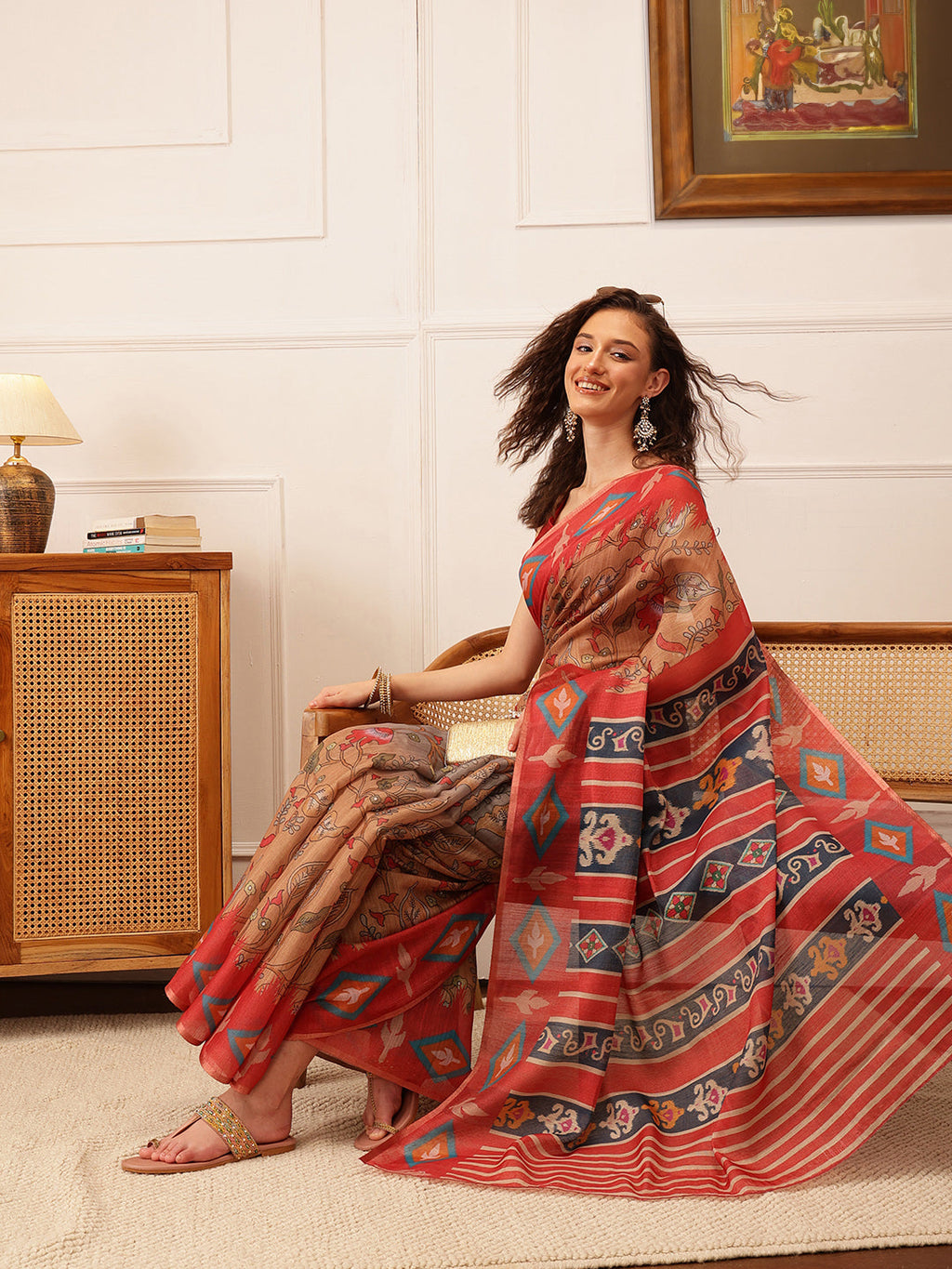 Hiral Fashion Red Banarasi Silk Cotton Floral Digital Print Saree | Grocsy