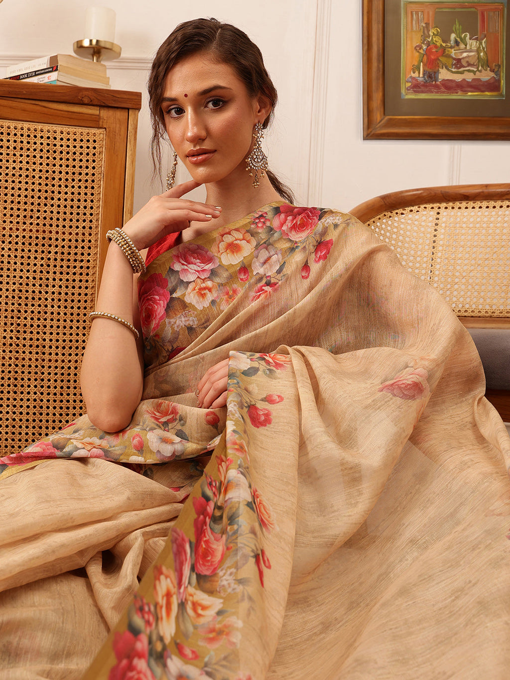 Hiral Fashion Beige Banarasi Silk Cotton Floral Digital Print Saree | Grocsy