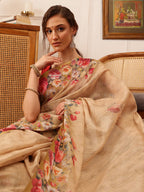 Hiral Fashion Beige Banarasi Silk Cotton Floral Digital Print Saree | Grocsy