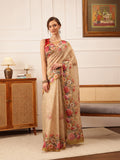 Hiral Fashion Beige Banarasi Silk Cotton Floral Digital Print Saree | Grocsy