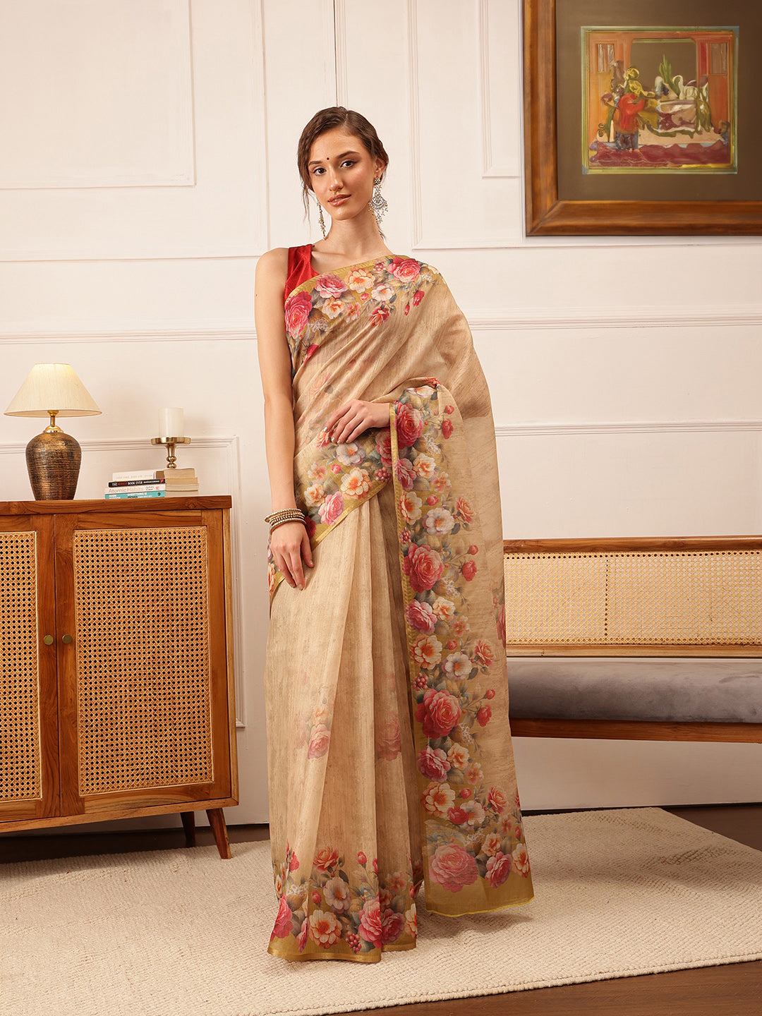 Hiral Fashion Beige Banarasi Silk Cotton Floral Digital Print Saree | Grocsy