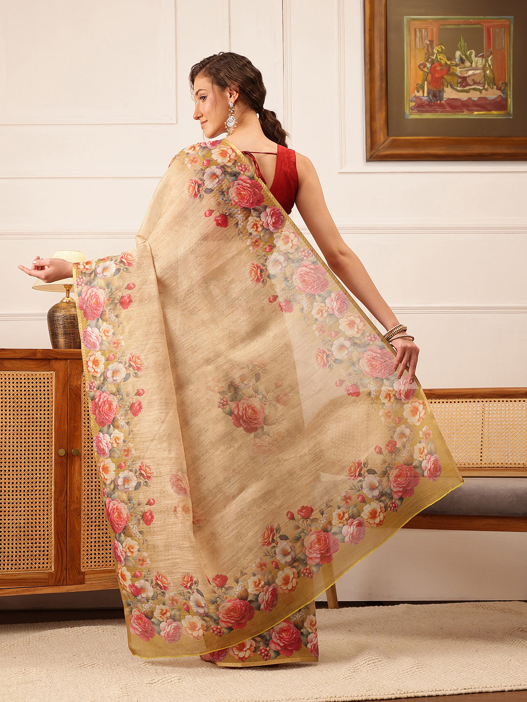 Hiral Fashion Beige Banarasi Silk Cotton Floral Digital Print Saree | Grocsy