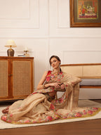 Hiral Fashion Beige Banarasi Silk Cotton Floral Digital Print Saree | Grocsy