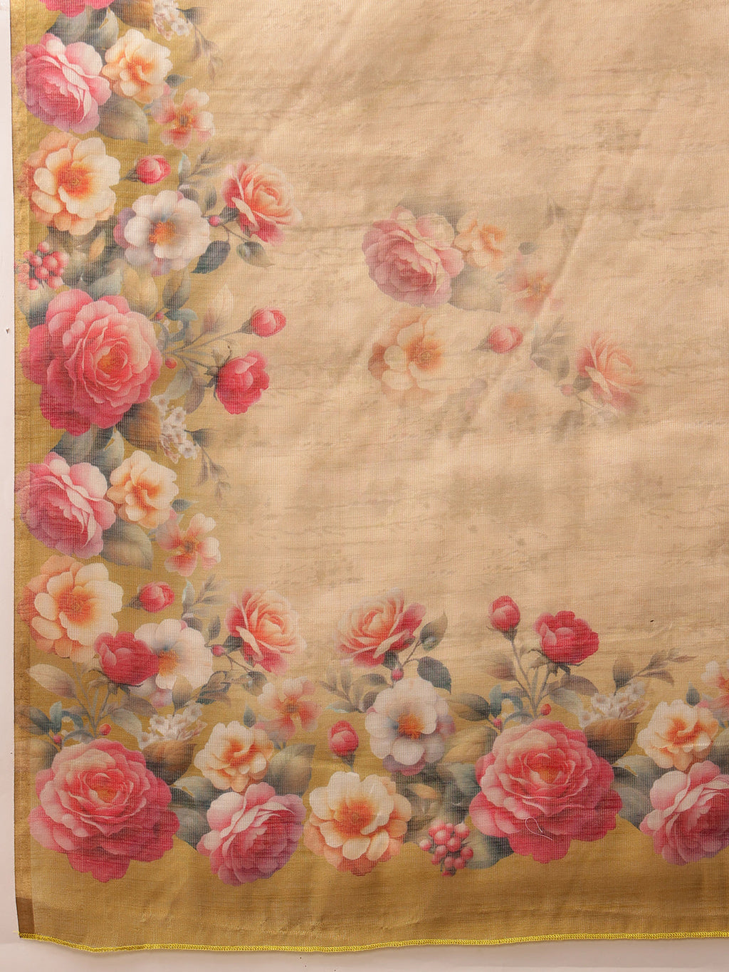 Hiral Fashion Beige Banarasi Silk Cotton Floral Digital Print Saree | Grocsy