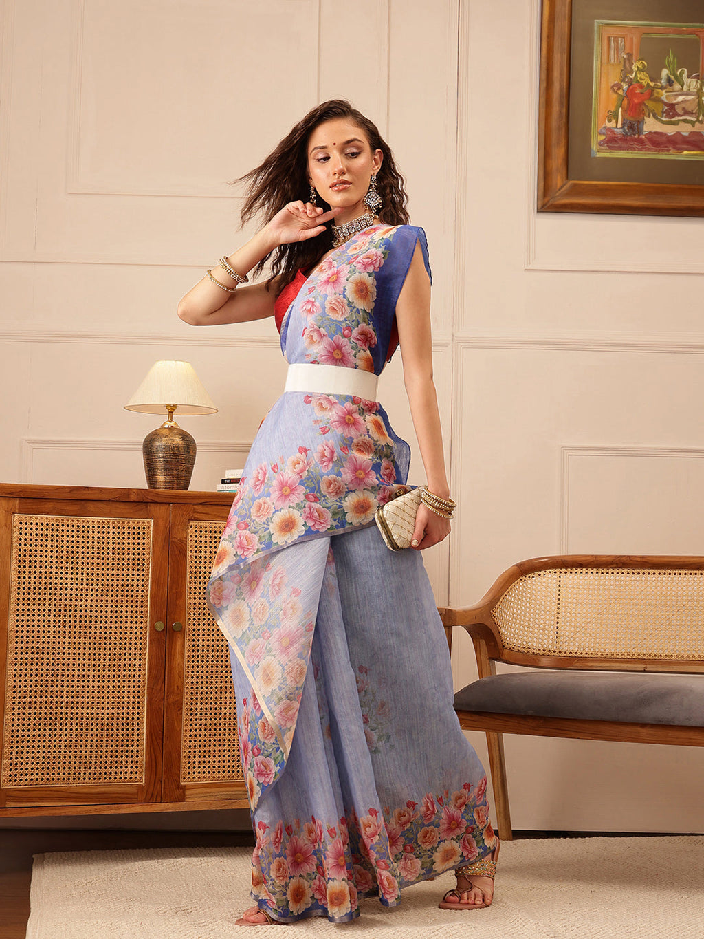 Hiral Fashion Blue Banarasi Silk Cotton Floral Digital Print Saree | Grocsy