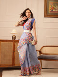 Hiral Fashion Blue Banarasi Silk Cotton Floral Digital Print Saree | Grocsy