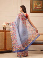 Hiral Fashion Blue Banarasi Silk Cotton Floral Digital Print Saree | Grocsy