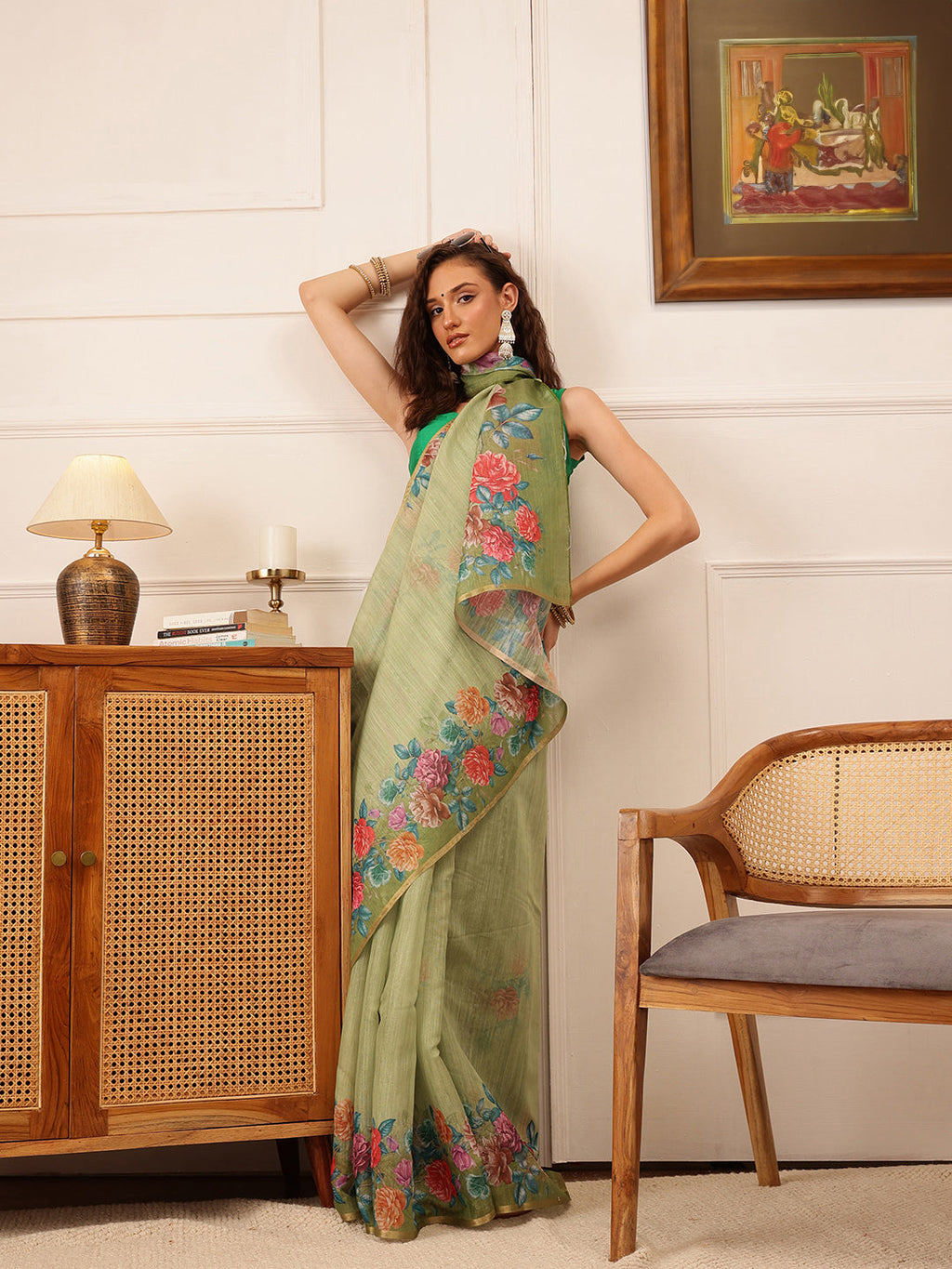 Hiral Fashion Green Banarasi Silk Cotton Floral Digital Print Saree | Grocsy