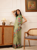 Hiral Fashion Green Banarasi Silk Cotton Floral Digital Print Saree | Grocsy
