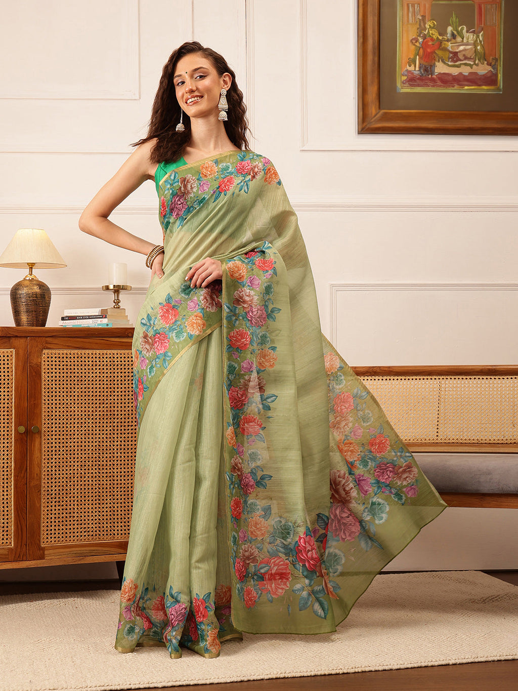 Hiral Fashion Green Banarasi Silk Cotton Floral Digital Print Saree | Grocsy