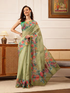 Hiral Fashion Green Banarasi Silk Cotton Floral Digital Print Saree | Grocsy
