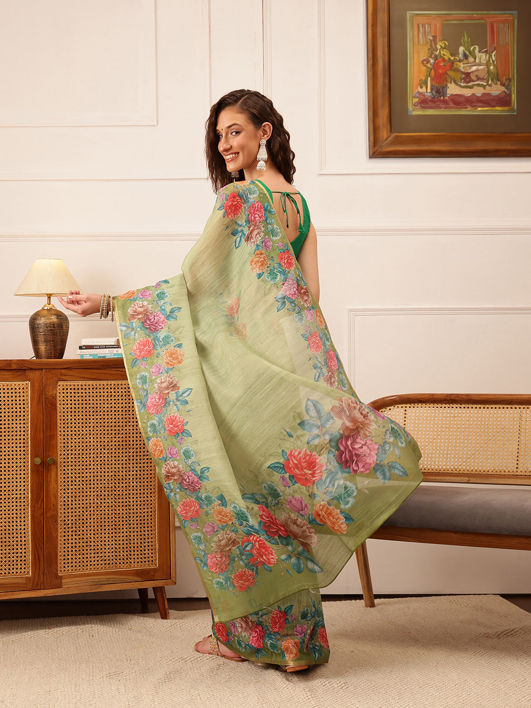 Hiral Fashion Green Banarasi Silk Cotton Floral Digital Print Saree | Grocsy