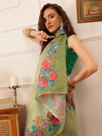 Hiral Fashion Green Banarasi Silk Cotton Floral Digital Print Saree | Grocsy