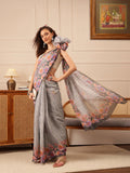 Hiral Fashion Grey Banarasi Silk Cotton Floral Digital Print Saree | Grocsy