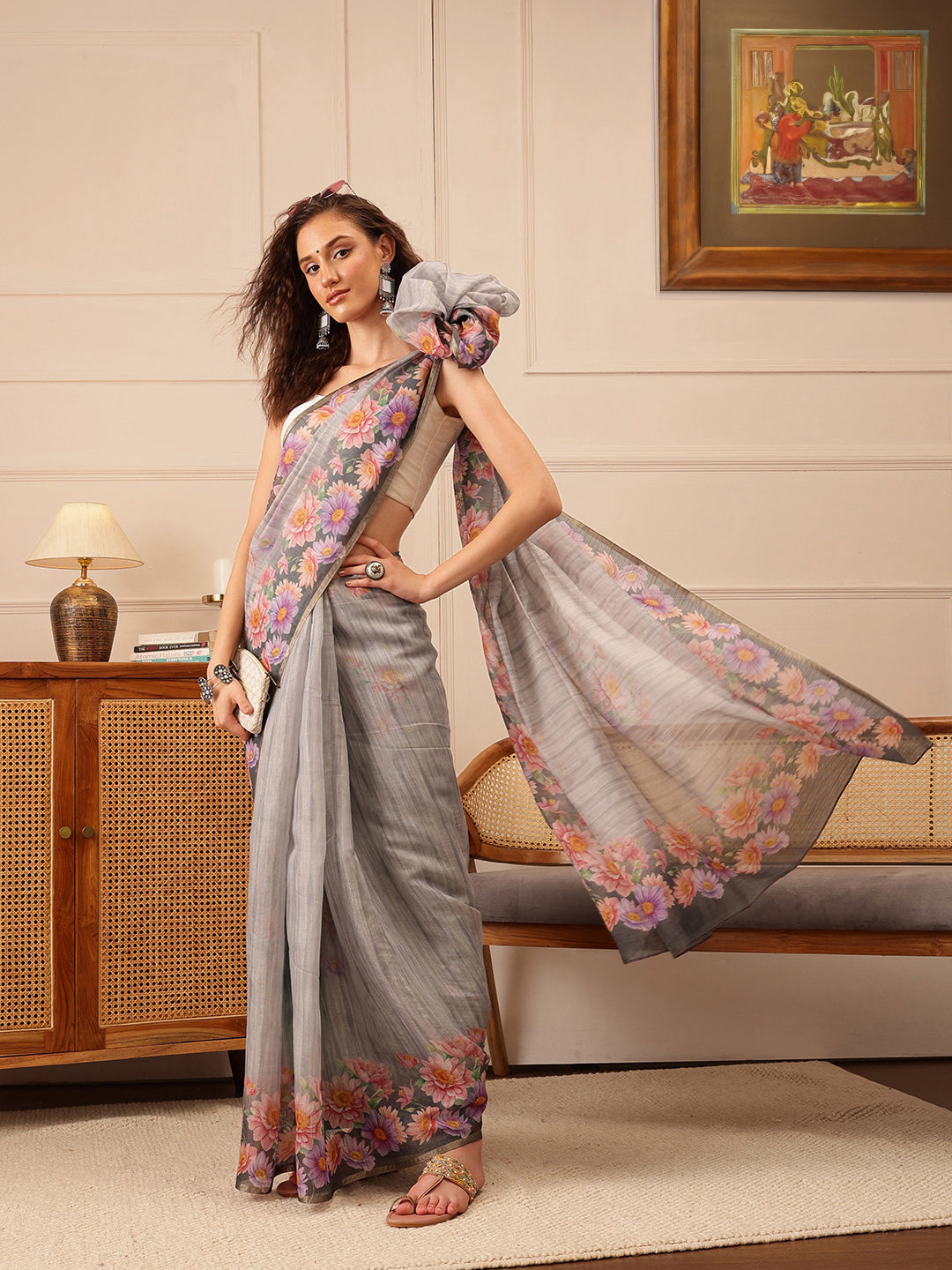 Hiral Fashion Grey Banarasi Silk Cotton Floral Digital Print Saree | Grocsy