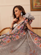 Hiral Fashion Grey Banarasi Silk Cotton Floral Digital Print Saree | Grocsy
