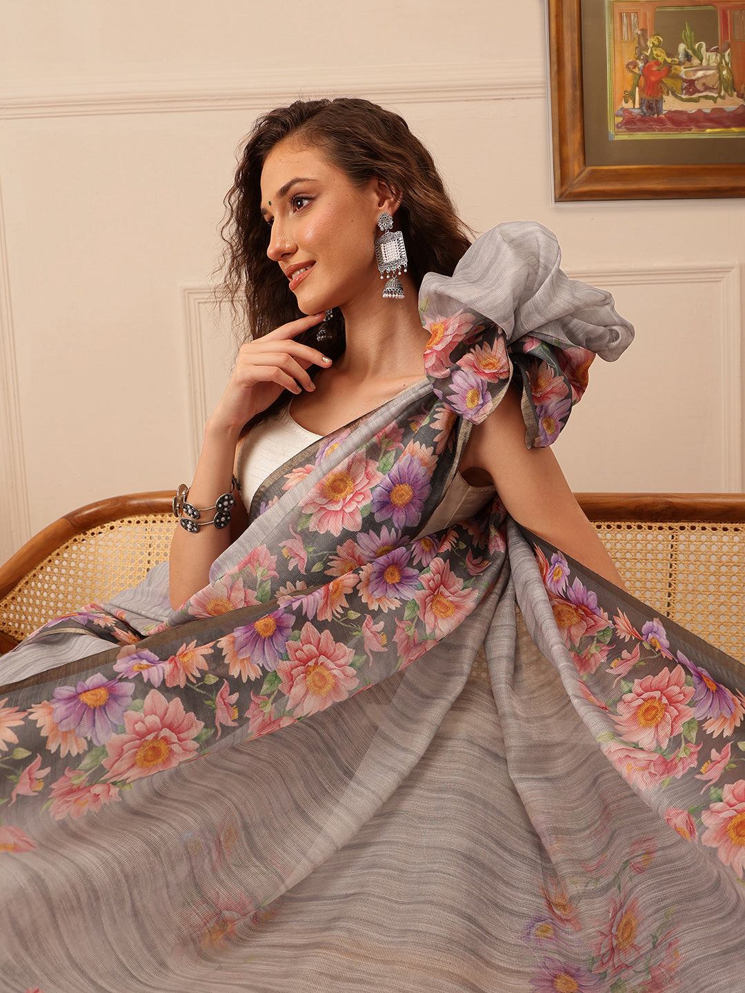 Hiral Fashion Grey Banarasi Silk Cotton Floral Digital Print Saree | Grocsy
