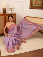 Hiral Fashion Lavender Banarasi Silk Cotton Floral Digital Print Saree | Grocsy