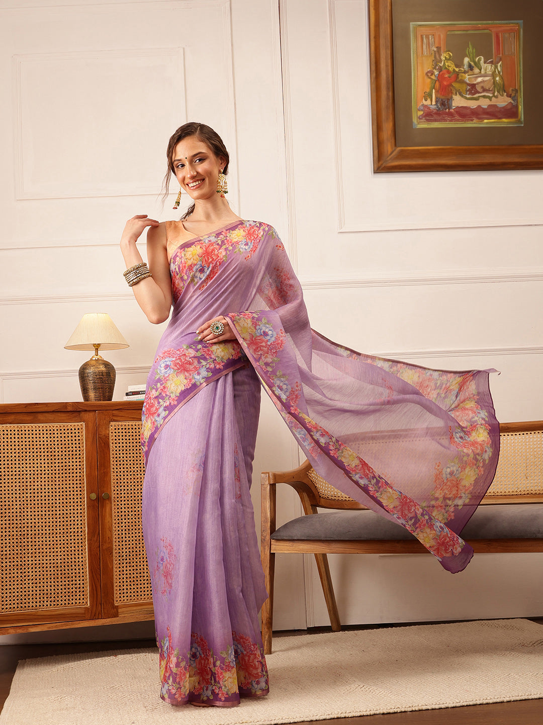 Hiral Fashion Lavender Banarasi Silk Cotton Floral Digital Print Saree | Grocsy