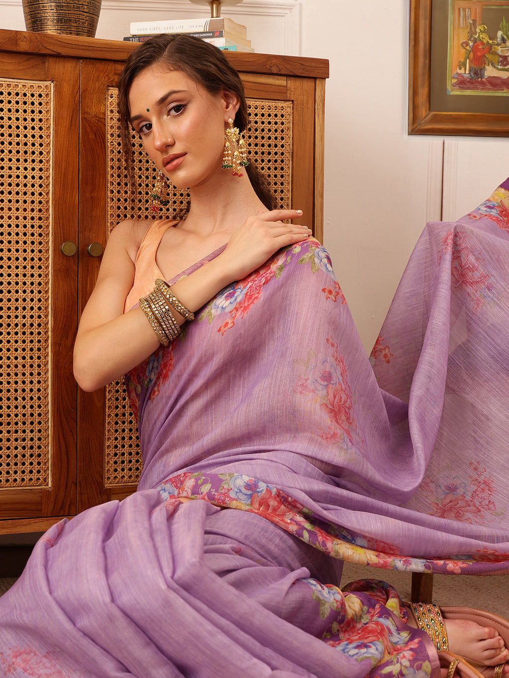 Hiral Fashion Lavender Banarasi Silk Cotton Floral Digital Print Saree | Grocsy