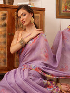 Hiral Fashion Lavender Banarasi Silk Cotton Floral Digital Print Saree | Grocsy