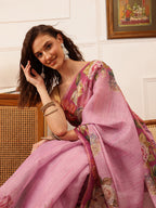 Hiral Fashion Pink Banarasi Silk Cotton Floral Digital Print Saree | Grocsy