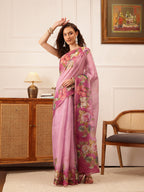 Hiral Fashion Pink Banarasi Silk Cotton Floral Digital Print Saree | Grocsy