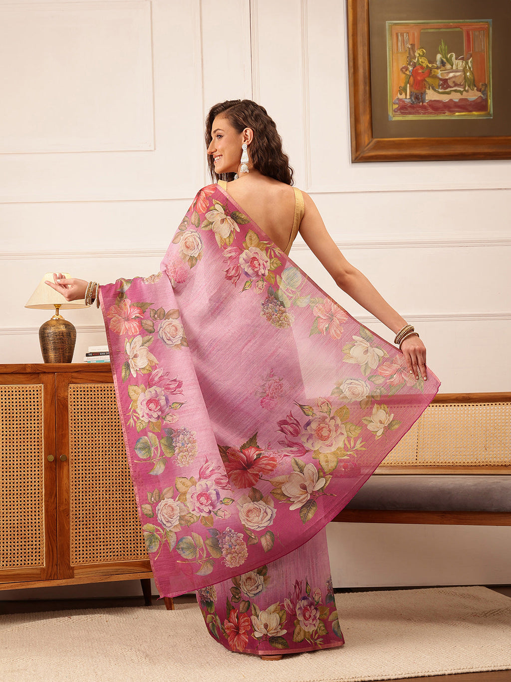 Hiral Fashion Pink Banarasi Silk Cotton Floral Digital Print Saree | Grocsy
