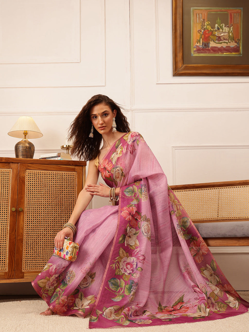 Hiral Fashion Pink Banarasi Silk Cotton Floral Digital Print Saree | Grocsy