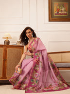 Hiral Fashion Pink Banarasi Silk Cotton Floral Digital Print Saree | Grocsy