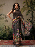 Hiral Fashion Black Banarasi Cotton Blend Floral Digital Printed Saree | Grocsy