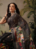 Hiral Fashion Black Banarasi Cotton Blend Floral Digital Printed Saree | Grocsy
