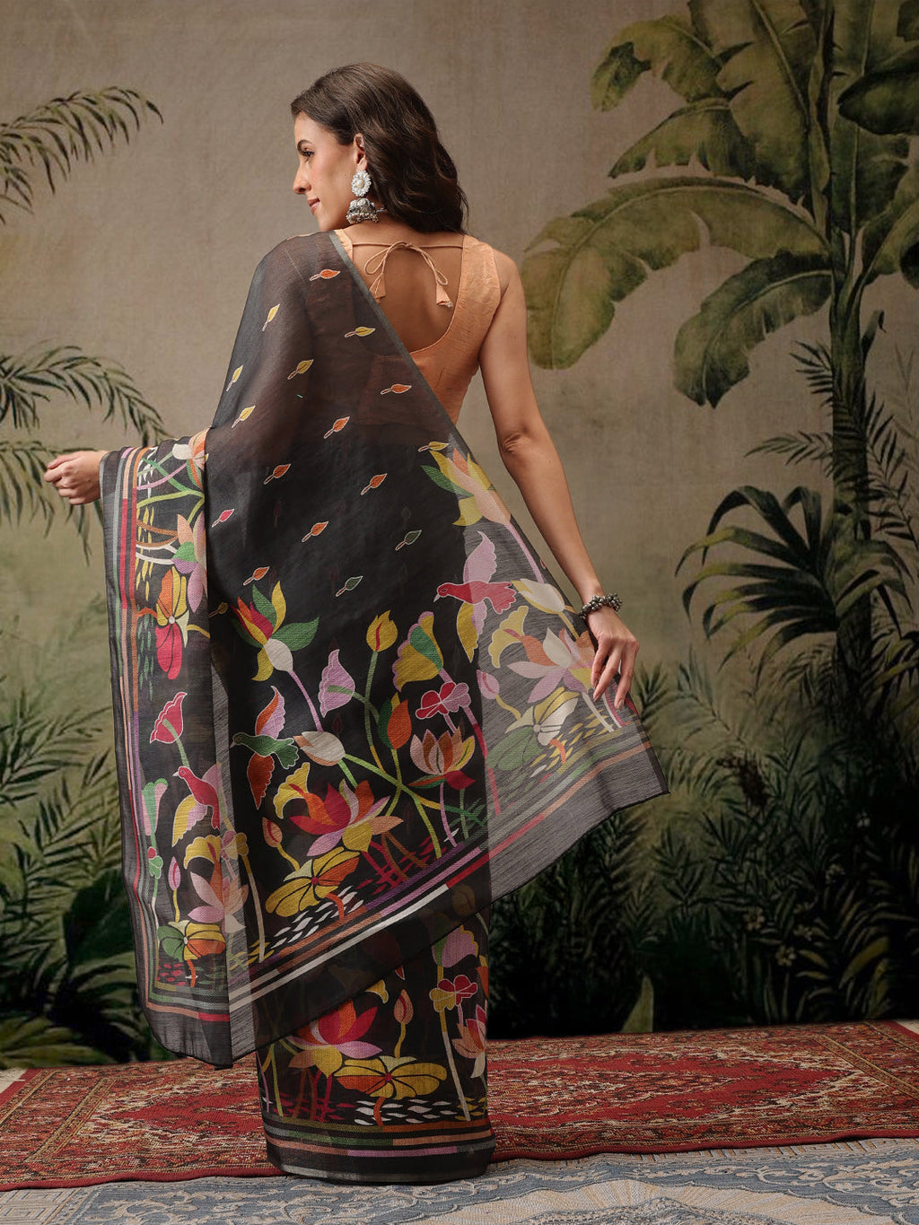 Hiral Fashion Black Banarasi Cotton Blend Floral Digital Printed Saree | Grocsy