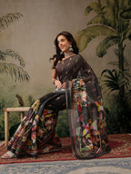 Hiral Fashion Black Banarasi Cotton Blend Floral Digital Printed Saree | Grocsy