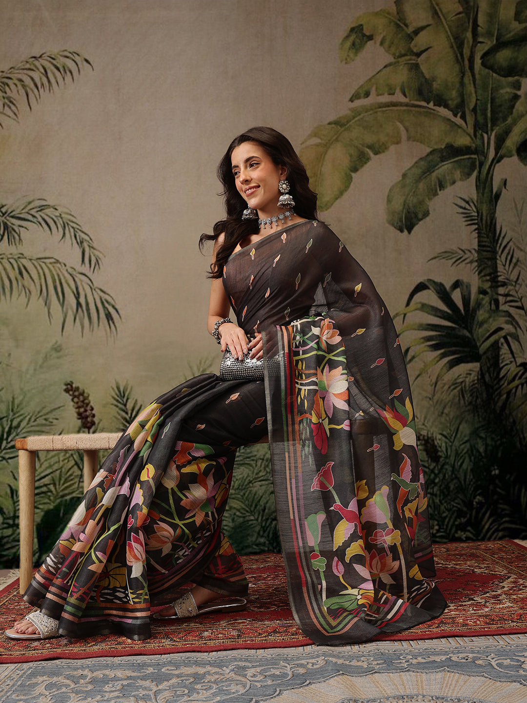 Hiral Fashion Black Banarasi Cotton Blend Floral Digital Printed Saree | Grocsy