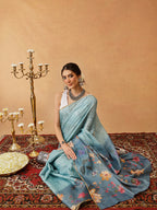 Hiral Fashion Blue Banarasi Cotton Silk Floral Digital Printed Saree | Grocsy