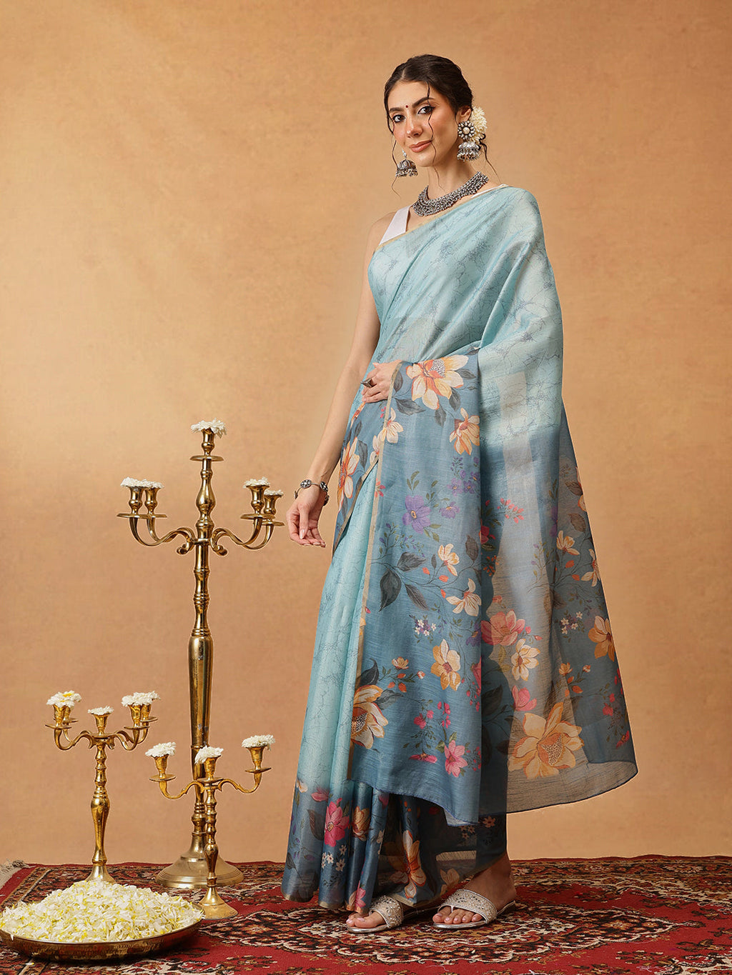 Hiral Fashion Blue Banarasi Cotton Silk Floral Digital Printed Saree | Grocsy